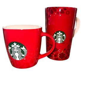 Starbucks Red Holiday Mug Set Small & Tall Christmas RED WHT GLD Holly Berries